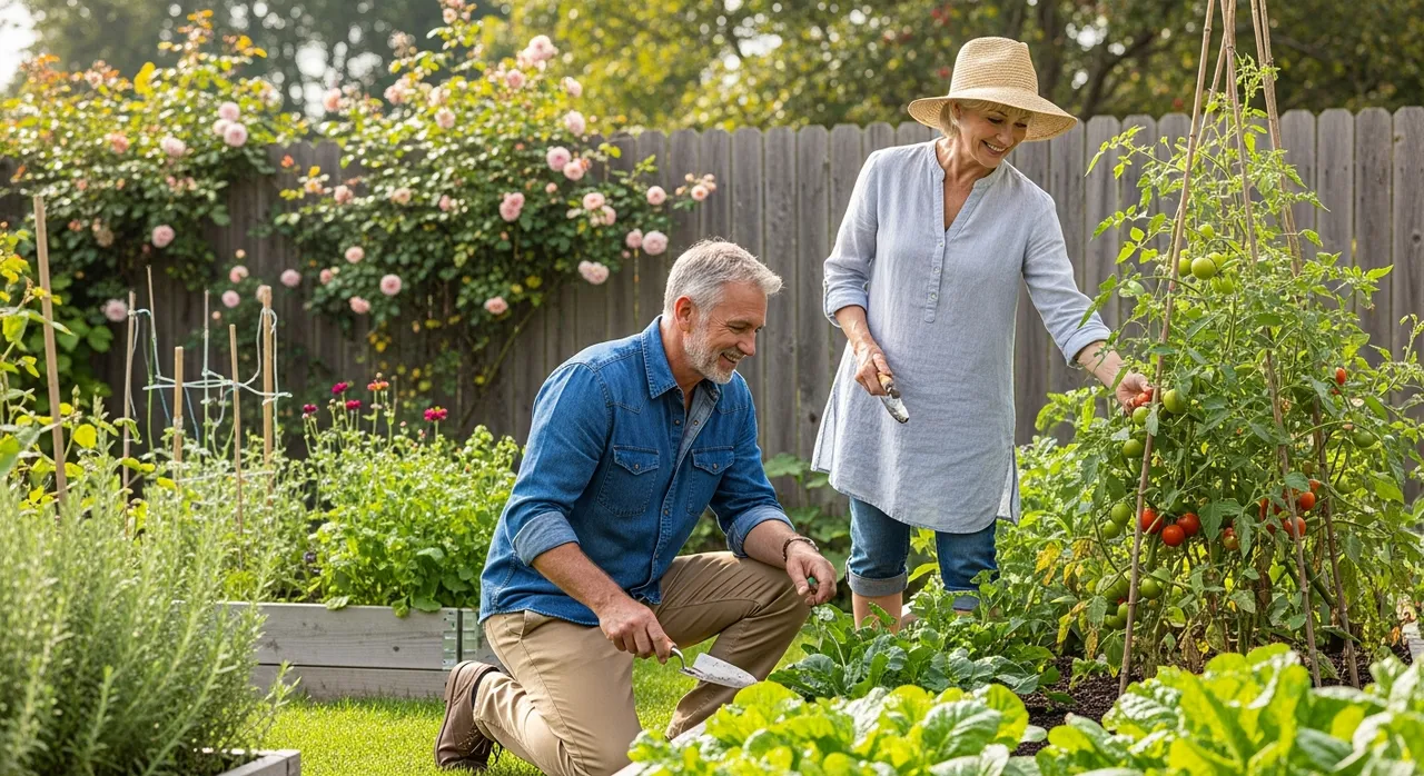 Mature couple gardening