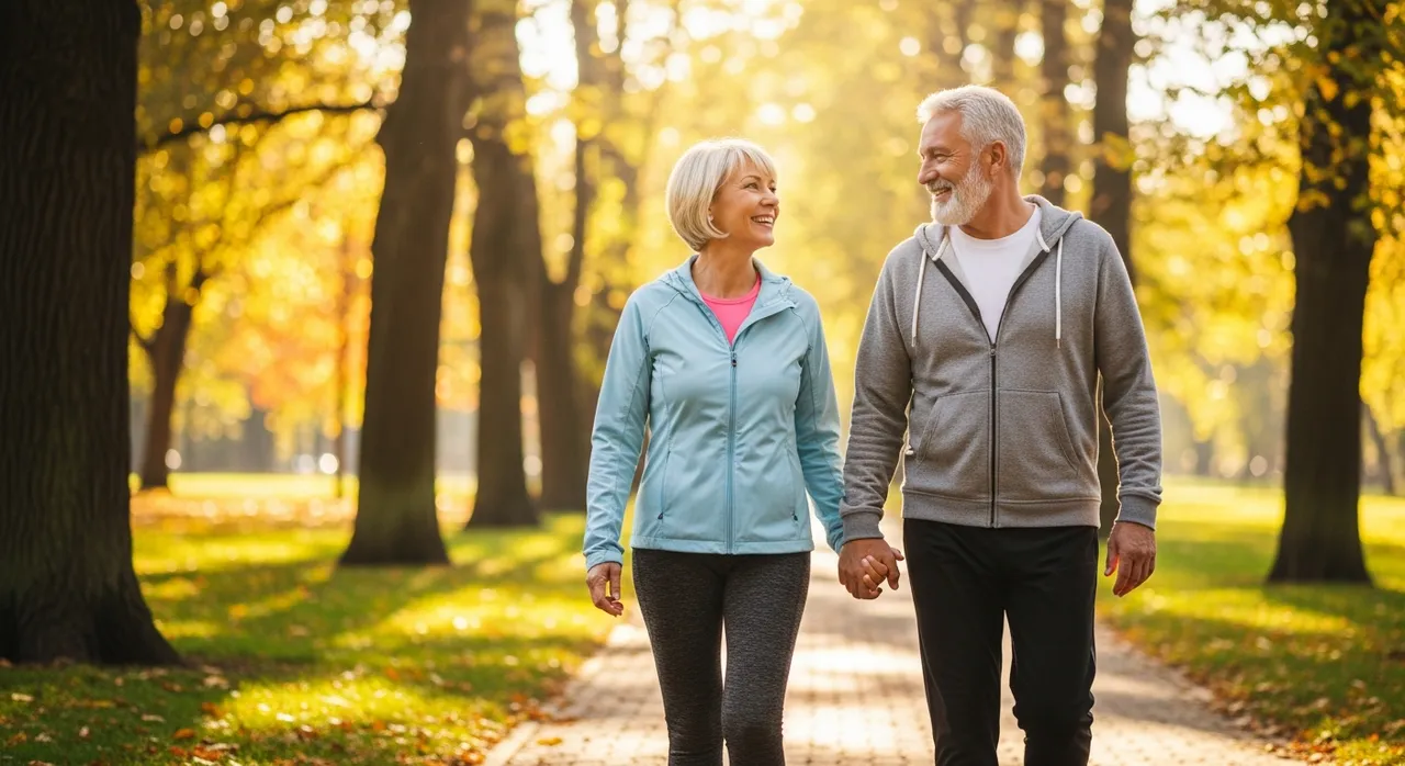 Active mature couple enjoying a sunlit walk